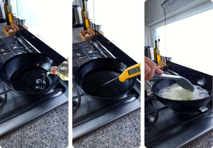 oil being poured into a pan and being heated