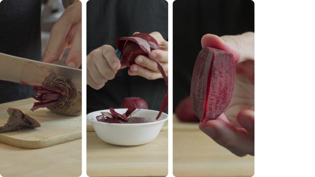 beetroot being peeled and cut with a knife