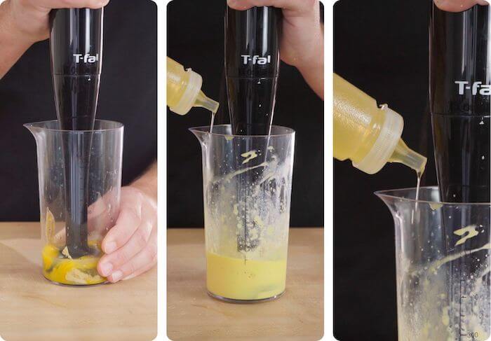 tartar sauce being made with stick blender and a jug