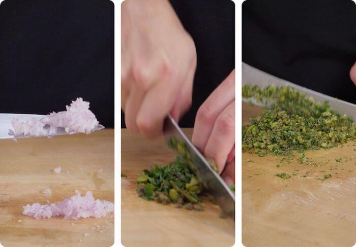 gherkins, cornichons, shallots, parsley, dill, being prepared