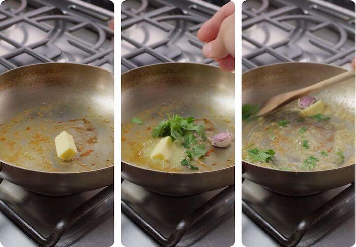 butter, herbs and garlic being fried in saute pan