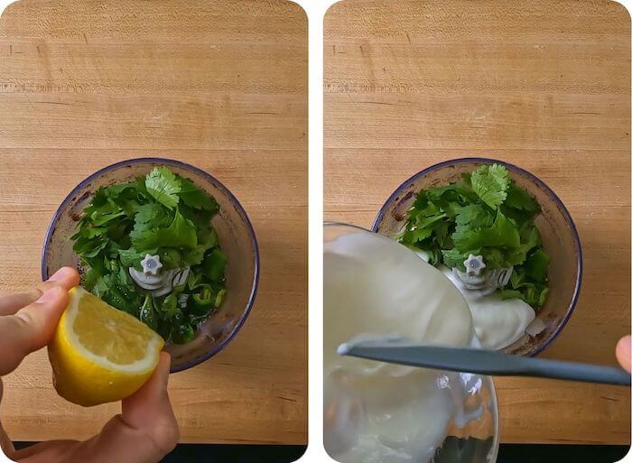 coriander being mixed with lemon juice and yoghurt