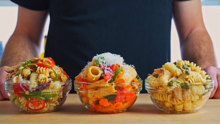 3 bowls of different pasta salads