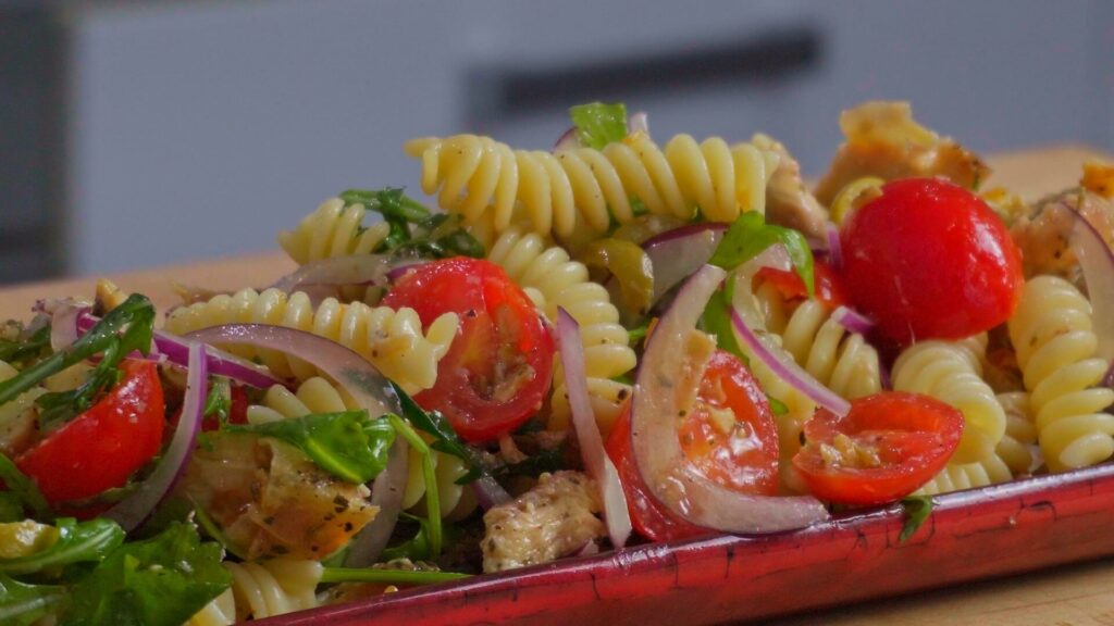 plate of chicken pasta salad