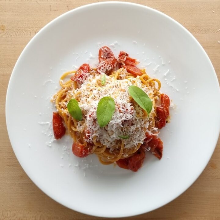 overhead shot of a plate of scarpariello pasta