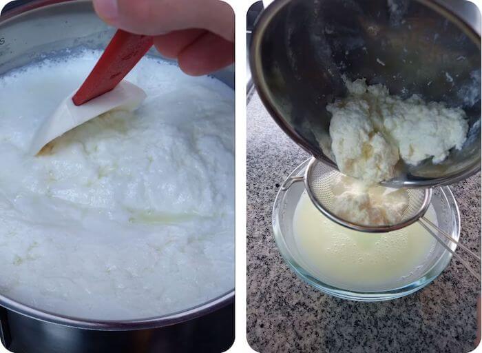 milk being cooked and curds being strained