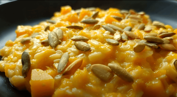 close up butternut squash orzo pasta recipe