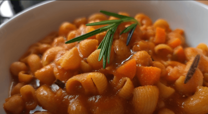 close up of cooked pasta and chickpeas