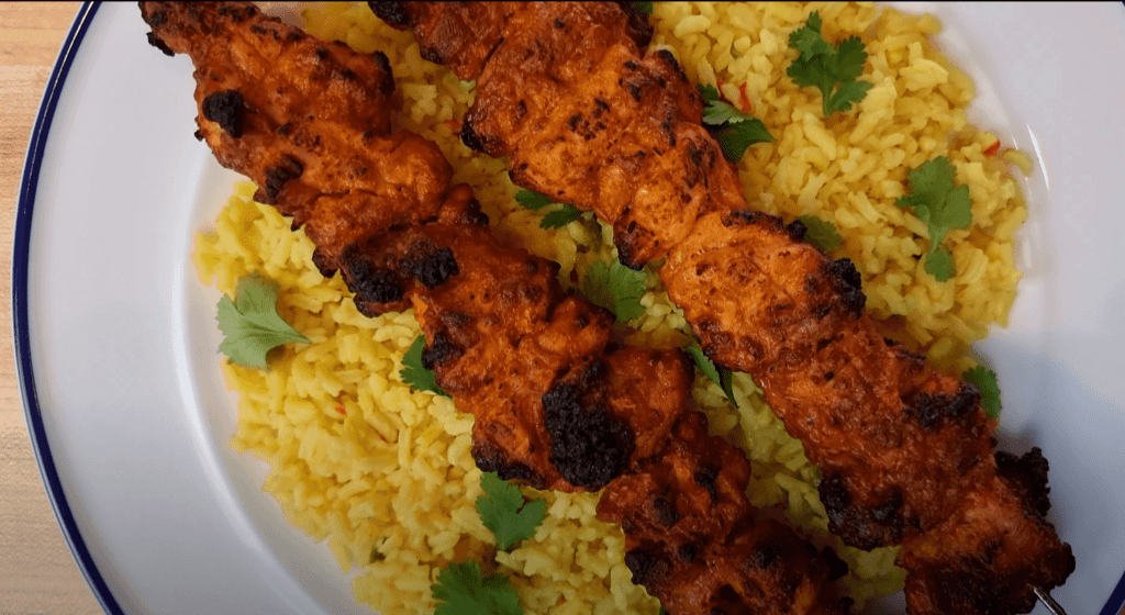 close up of chicken tikka skewer