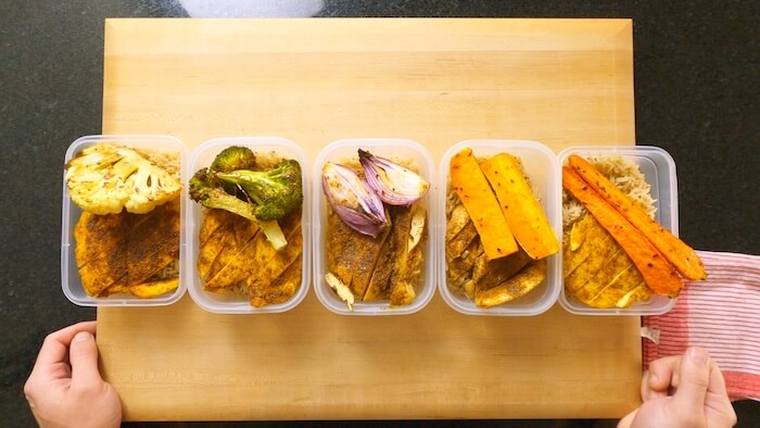 5 meal preps on a chopping board