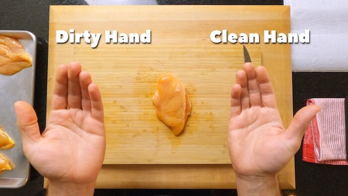 two hands with a chicken breast, showing the dirty hand, clean hand method