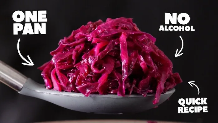 spoon of braised red cabbage, with text highlighting, no alcohol, one pan, quick recipe