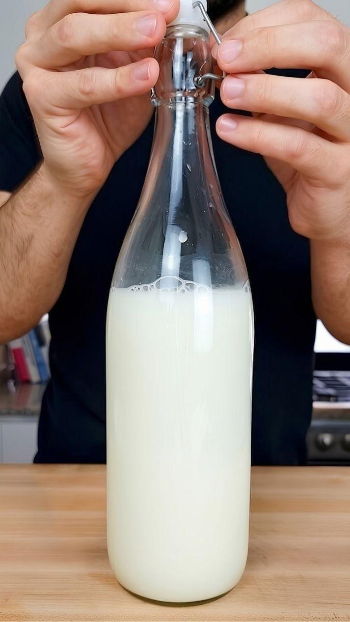 A person sealing a glass bottle filled with creamy homemade oat milk on a kitchen countertop.
