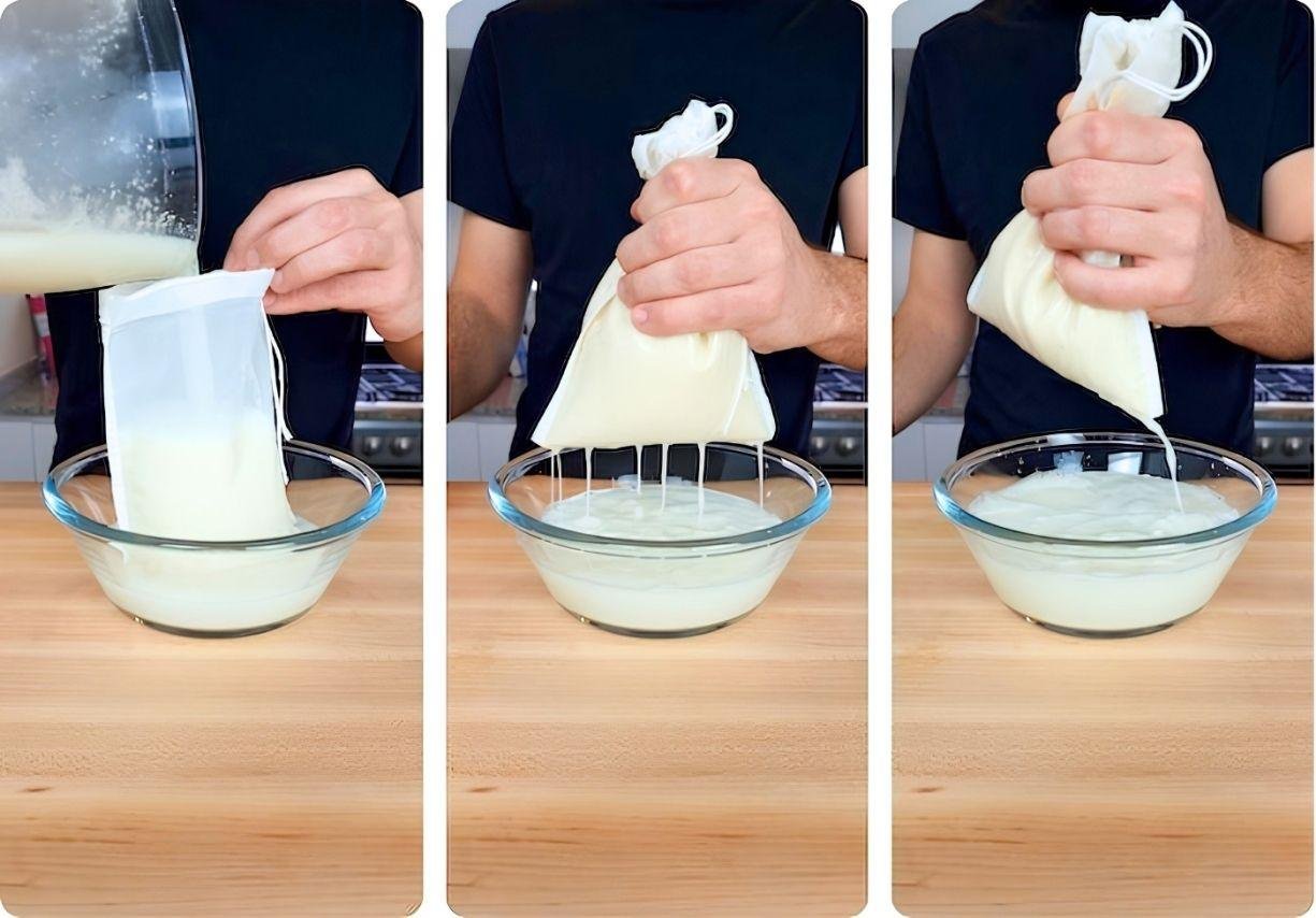 Homemade oat milk being strained
