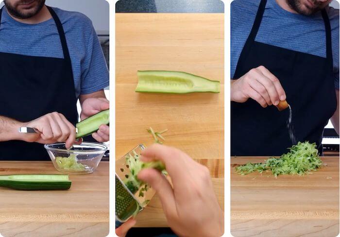 cucumber being peeled and grated