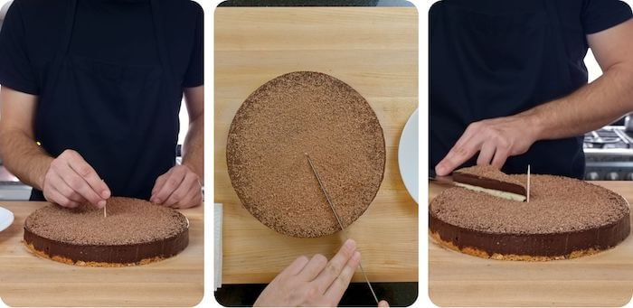 chocolate hazelnut tart being sliced into portions