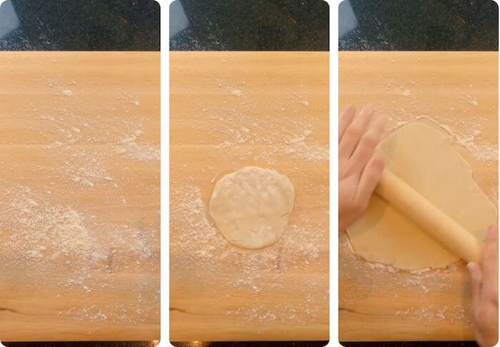 flat bread being rolled with rolling pin