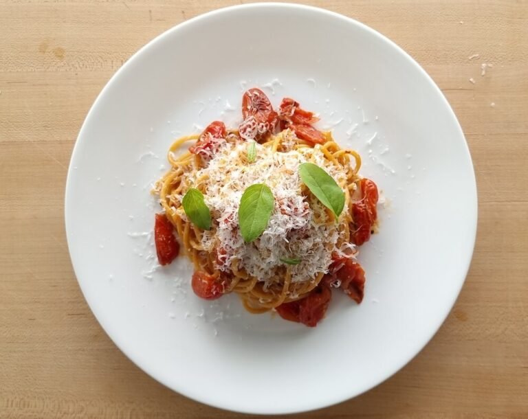 overhead shot of a plate of scarpariello pasta