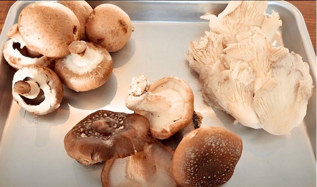 Mixed whole mushrooms on a metal tray: chestnut, oyster and shiitake