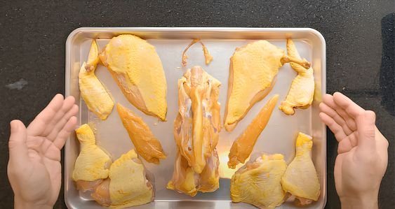 tray with chicken thighs, breasts, drumsticks, wings, fillets