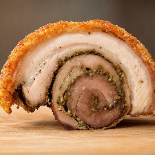 close up rolled porchetta with crispy crackling