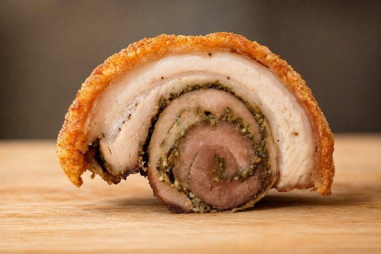 close up rolled porchetta with crispy crackling