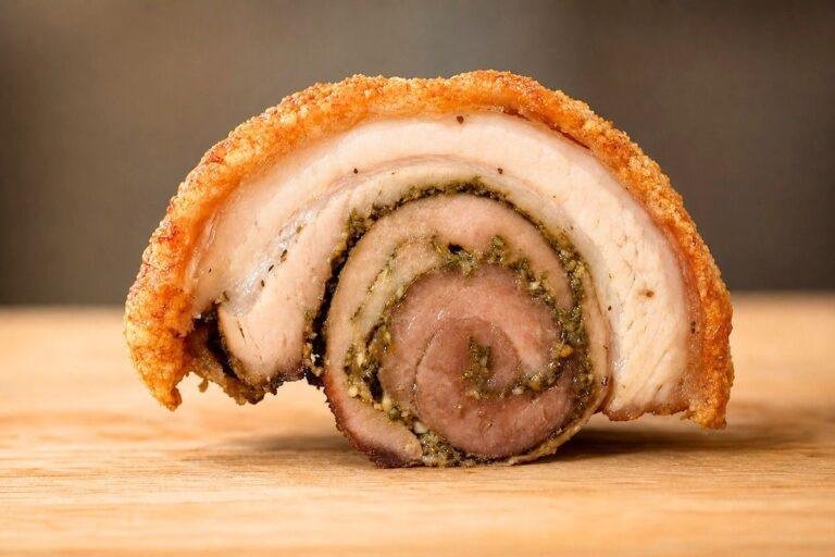 close up rolled porchetta with crispy crackling