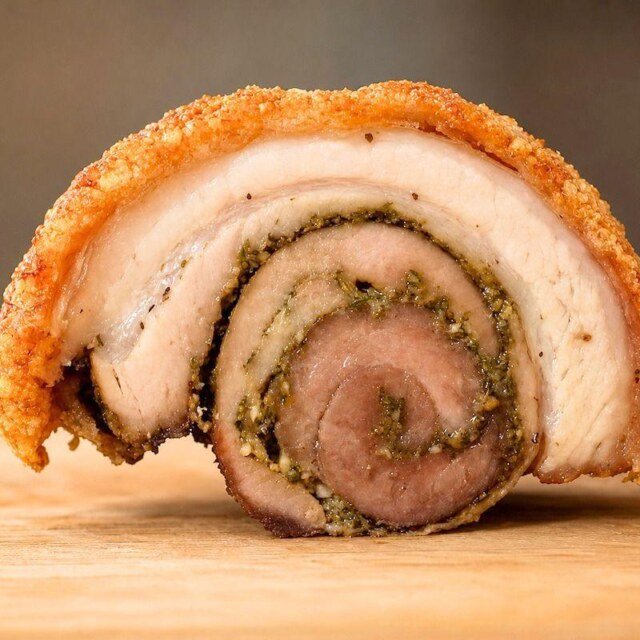 close up rolled porchetta with crispy crackling