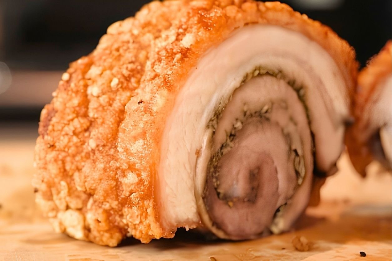 close up marinaded meat on porchetta