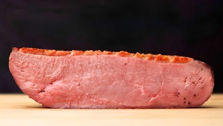 pink duck breast with crisp golden fat, sliced in half