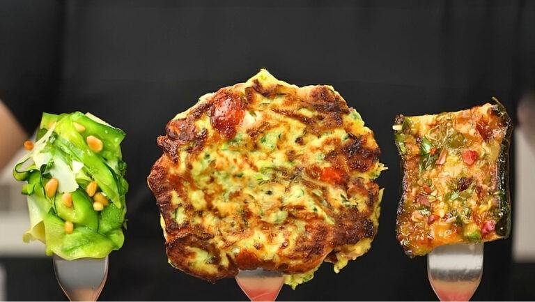 Three courgette recipes on forks: salad, fritter and chimichurri grilled courgette.