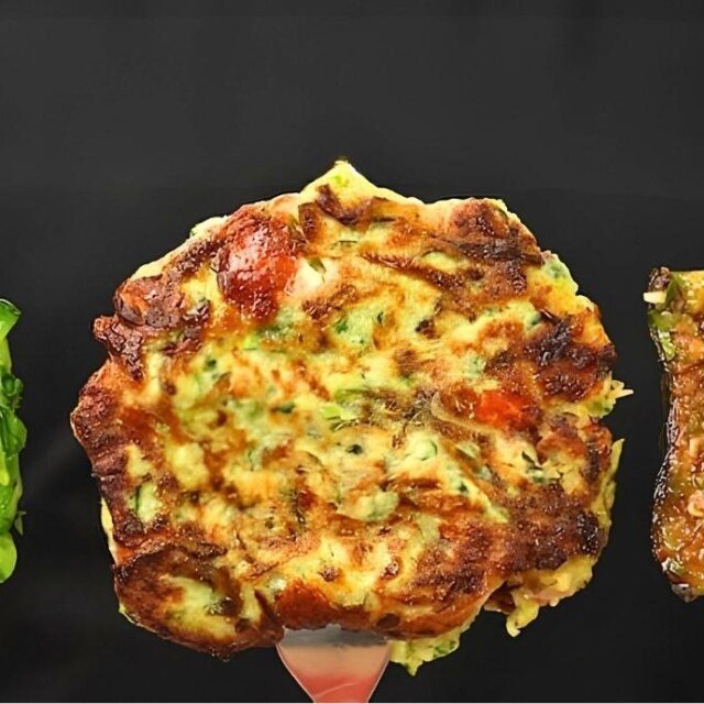 Three courgette recipes on forks: salad, fritter and chimichurri grilled courgette.