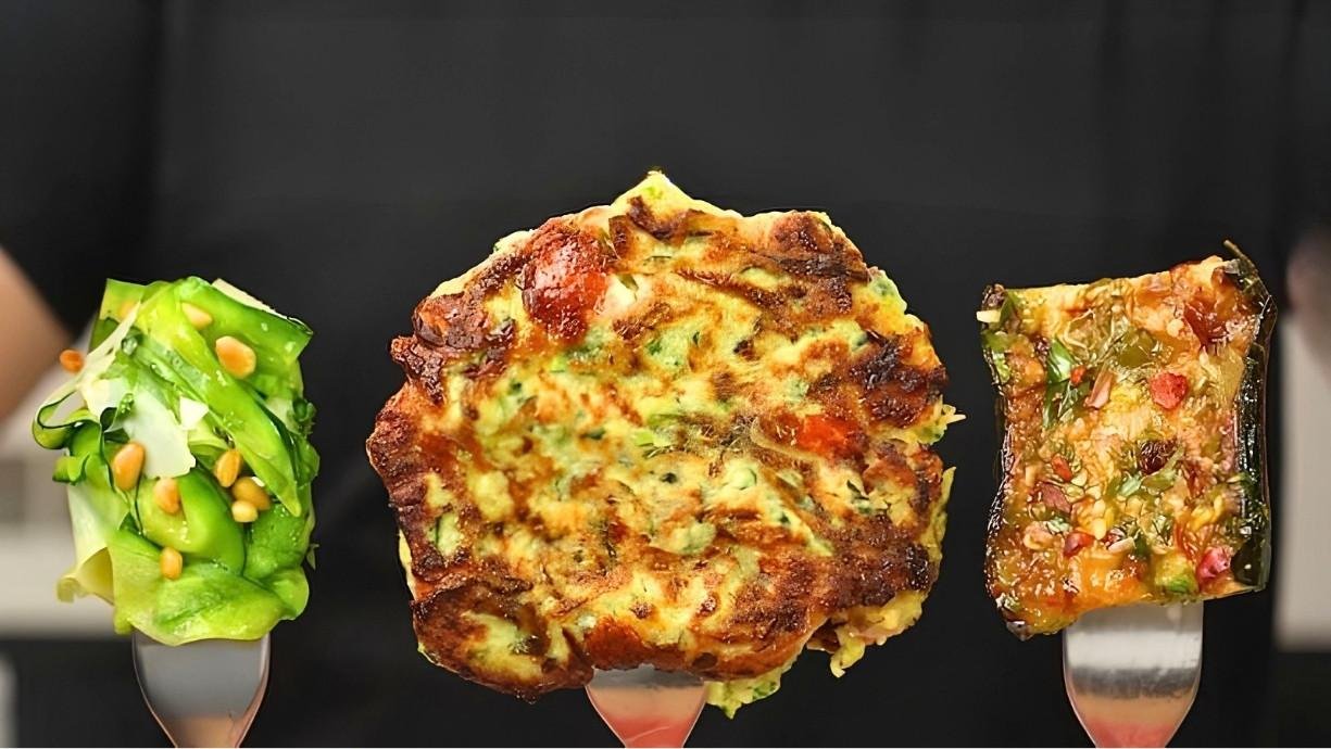 Three courgette recipes on forks: salad, fritter and chimichurri grilled courgette.