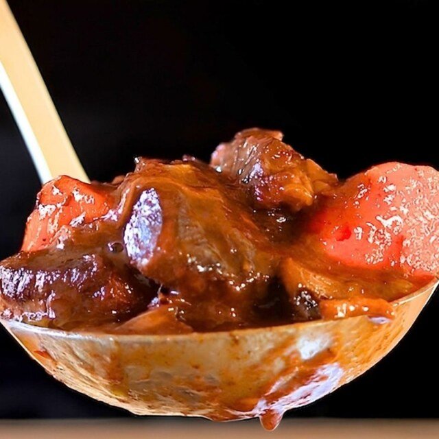 ladel full of beef bourguignon with a back background