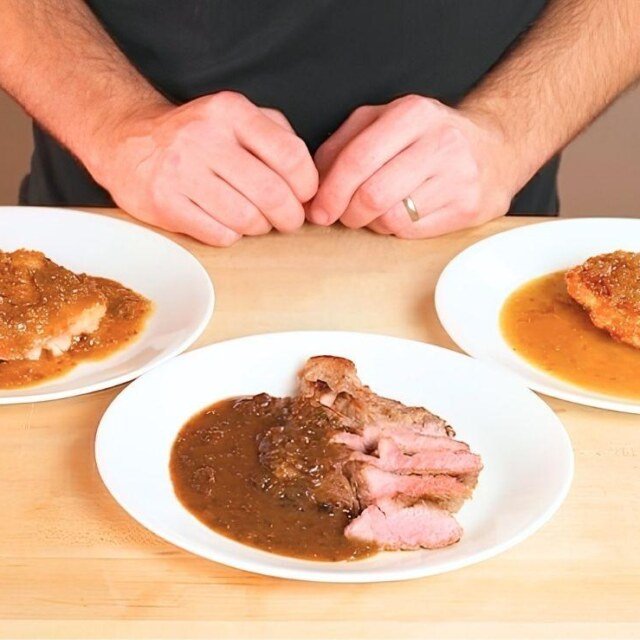 3 plates, one pork chops with cider, leek and mustard pan sauce. One with chicken white wine sauce. One with steak and mushroom sauce