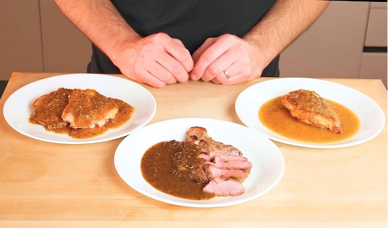 3 plates, one pork chops with cider, leek and mustard pan sauce. One with chicken white wine sauce. One with steak and mushroom sauce
