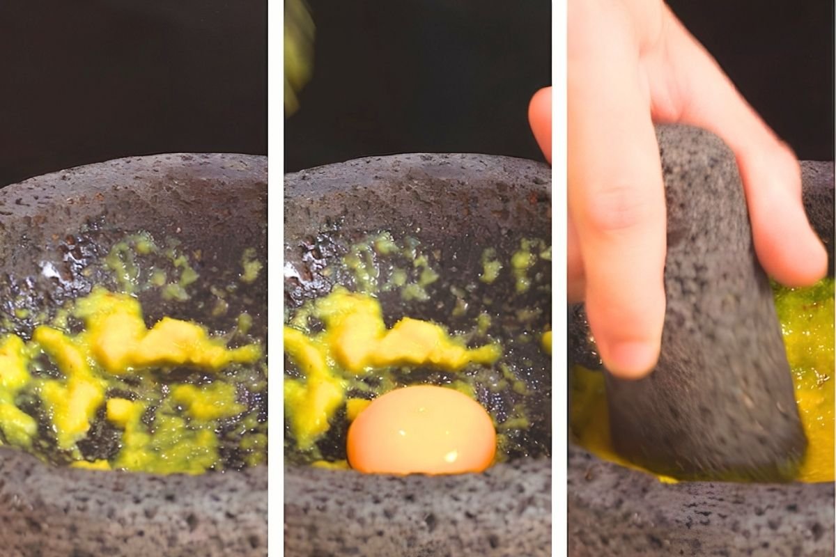 Three step photos of making aioli in a stone mortar: crushed garlic, an egg yolk added, and the pestle mixing
