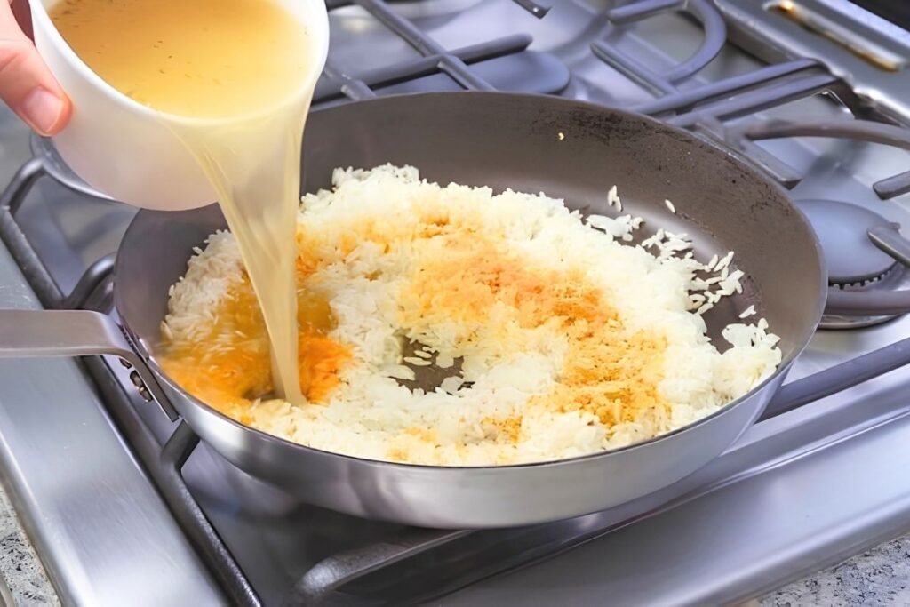 Yellow stock being poured over rice and seasoning in a steel pan on the hob