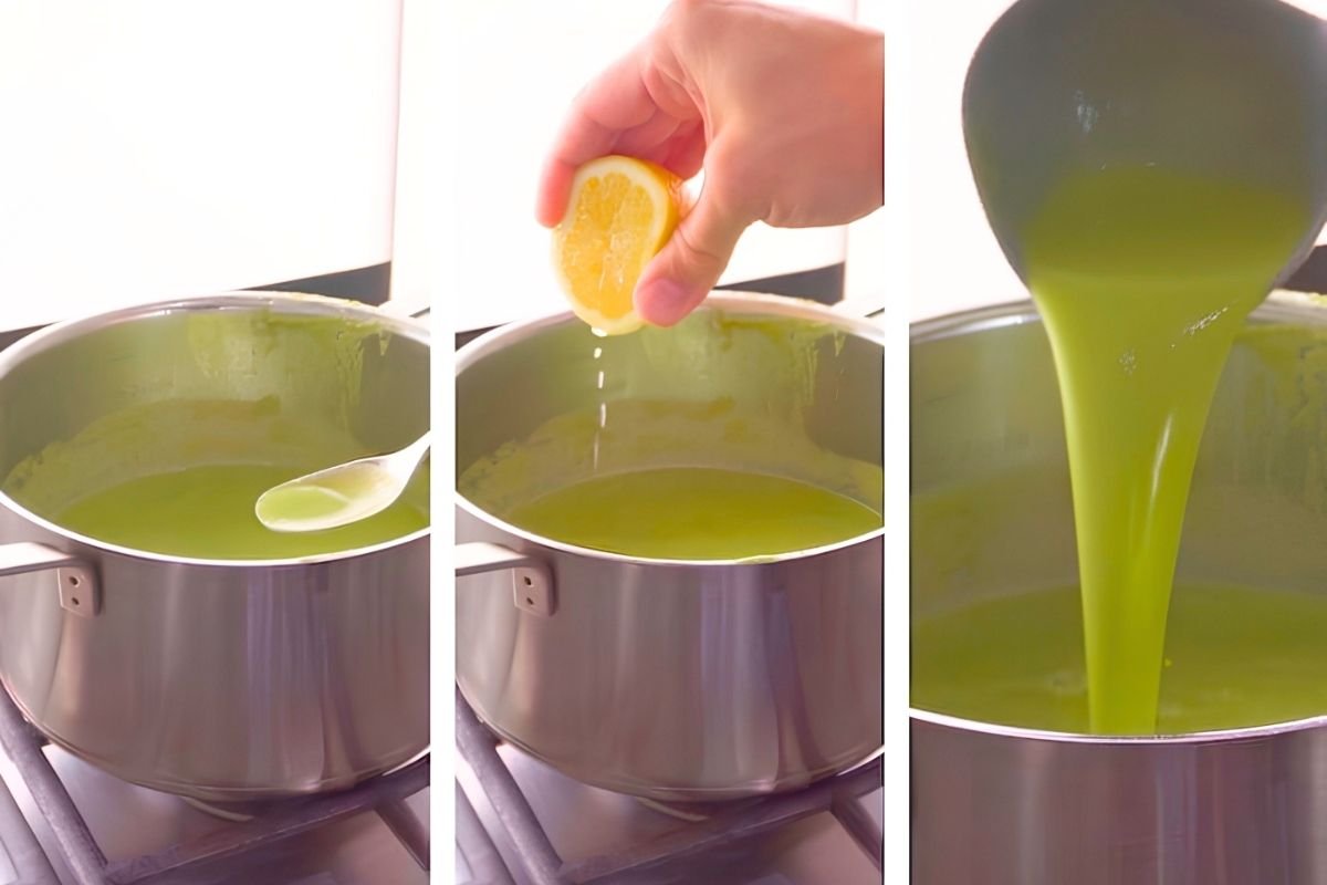 Three step photos of finishing asparagus soup in a steel pan: tasting, squeezing in lemon juice and pouring
