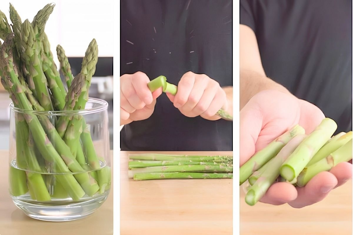 Three step photos of asparagus kept in a glass of water, snapped at the woody end, and trimmed spears held in a hand