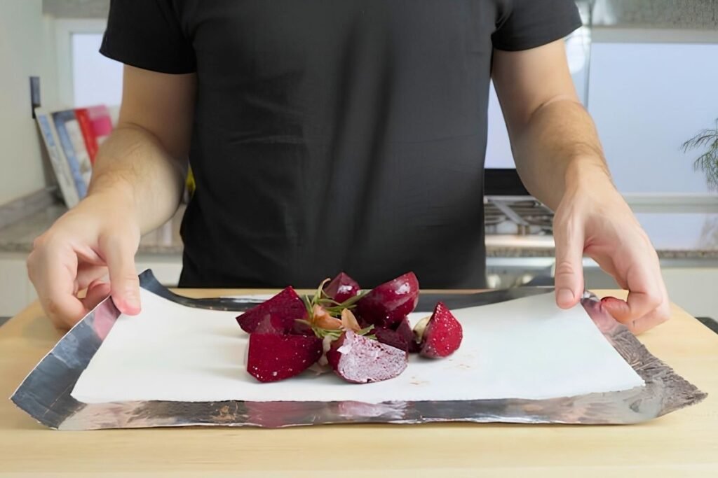 Chopped beetroot with rosemary and garlic on a sheet of baking paper laid over foil