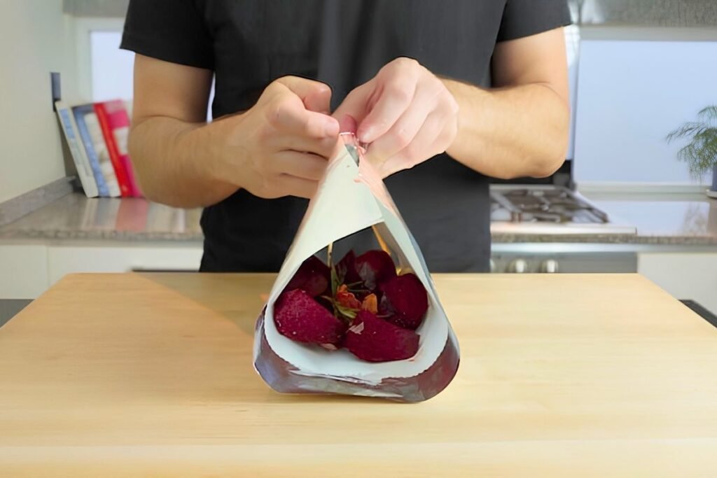 Hands folding foil and baking paper into a parcel around chopped beetroot
