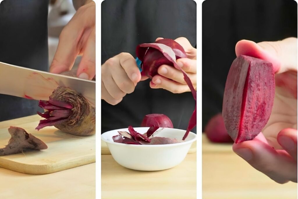 Three step photos of a beetroot being trimmed and peeled with a knife, and a peeled beetroot half held up