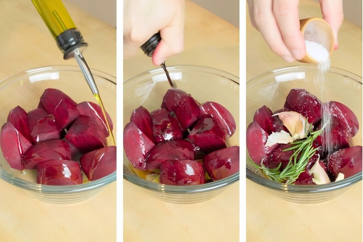 Three step photos of olive oil, black pepper and salt being added to chopped beetroot in a glass bowl