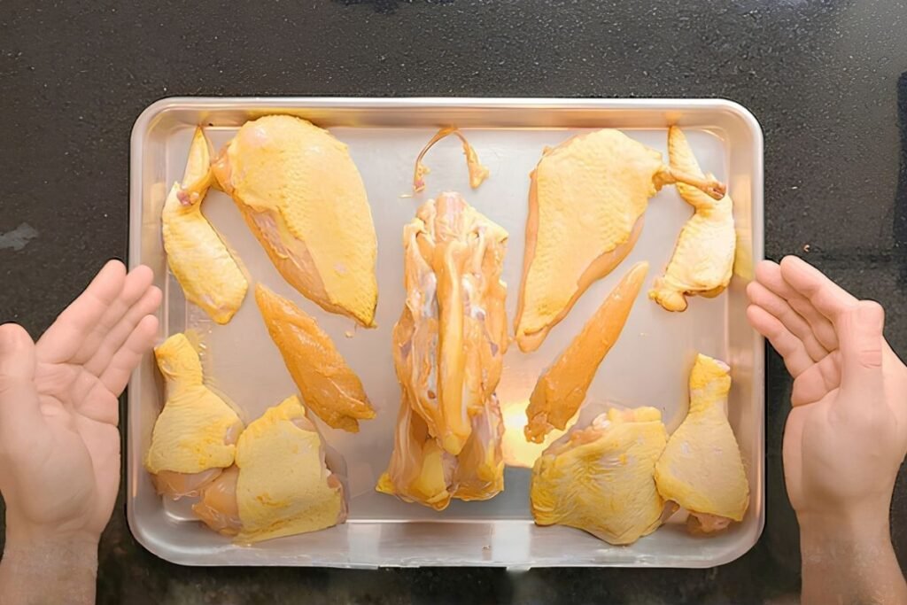 tray with chicken thighs, breasts, drumsticks, wings, fillets