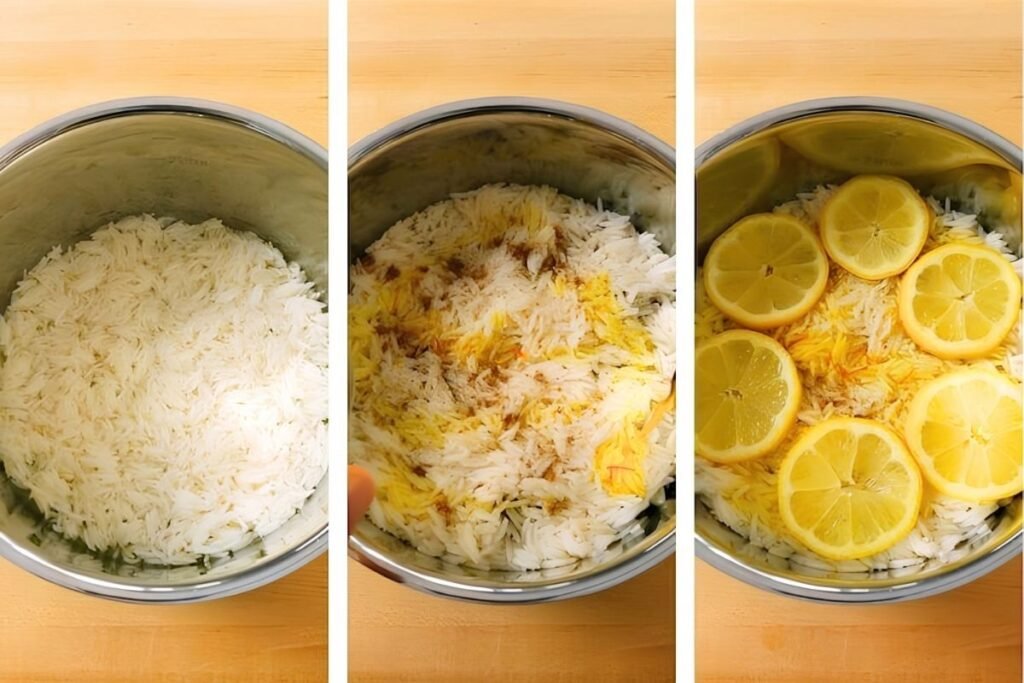Three step photos of layering a pot of biryani: plain white rice, rice drizzled with saffron, and lemon slices on top