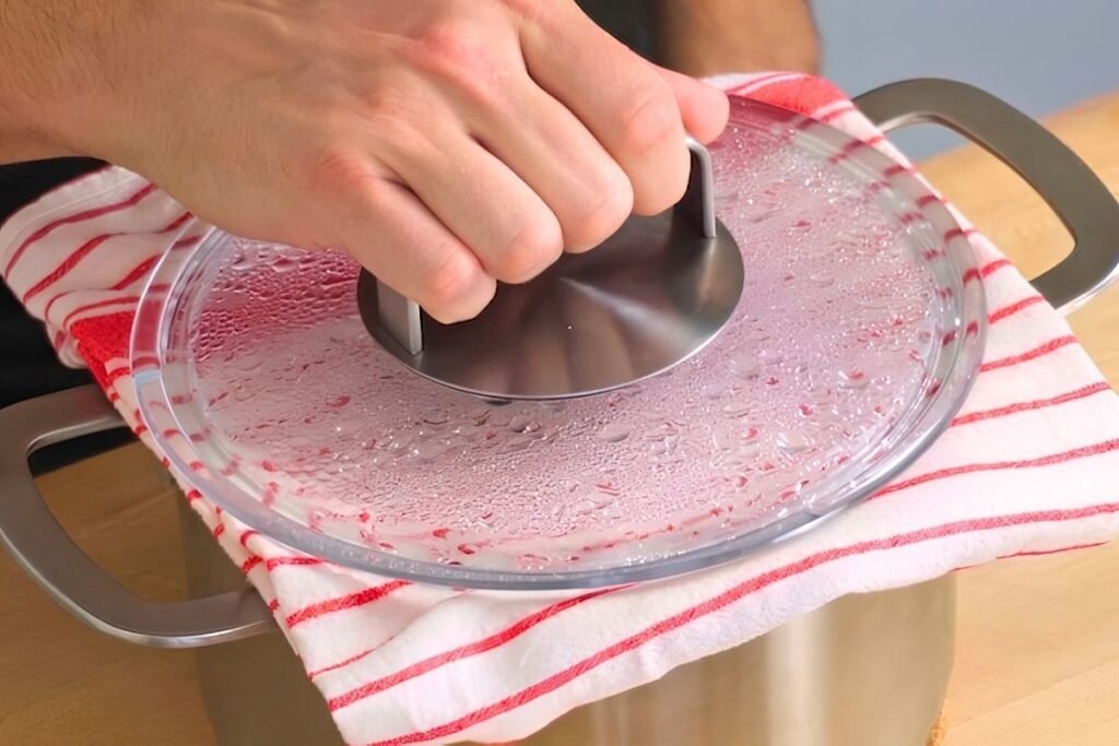 Hand pressing the glass lid on a steel pot sealed with a striped tea towel to steam the biryani