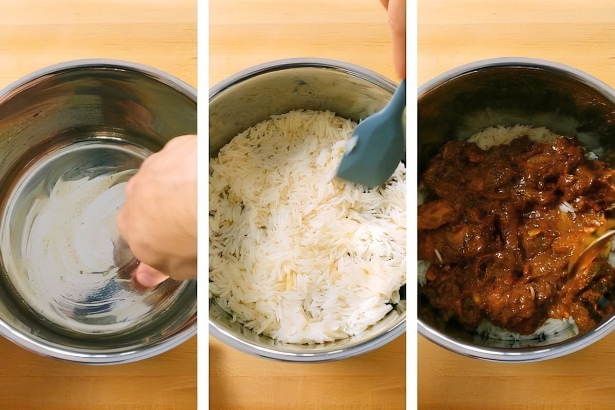 chicken biryani being assembled