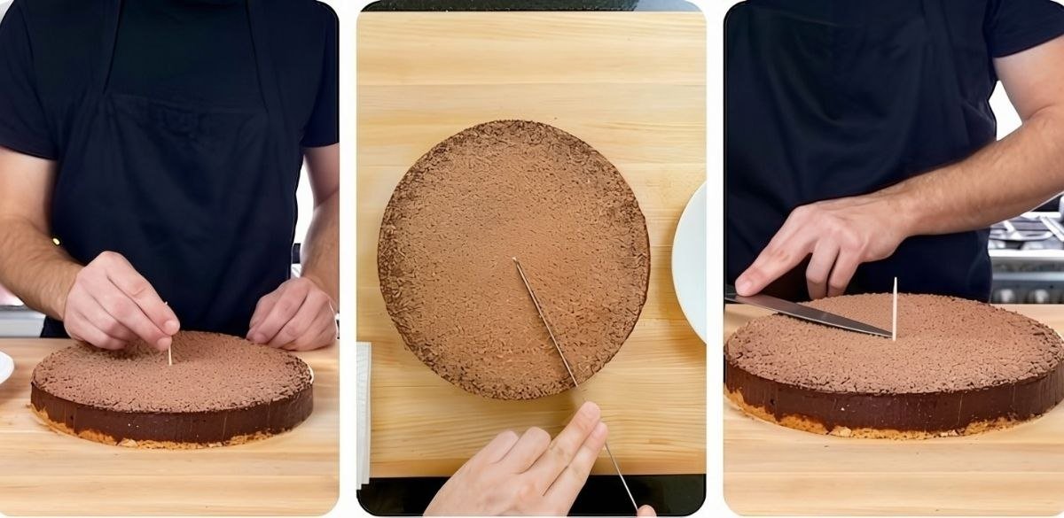 Three step photos of a cocoa dusted chocolate tart being marked with a toothpick and sliced with a knife