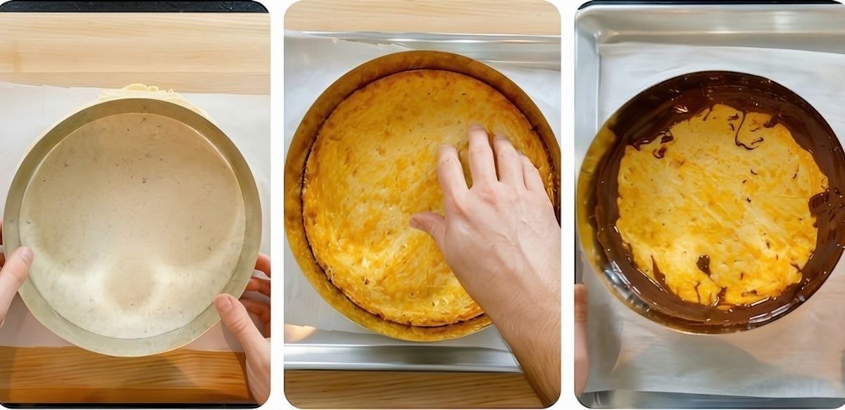 Three step photos of layering a tart in a tin, from a pale base to a golden orange layer topped with chocolate